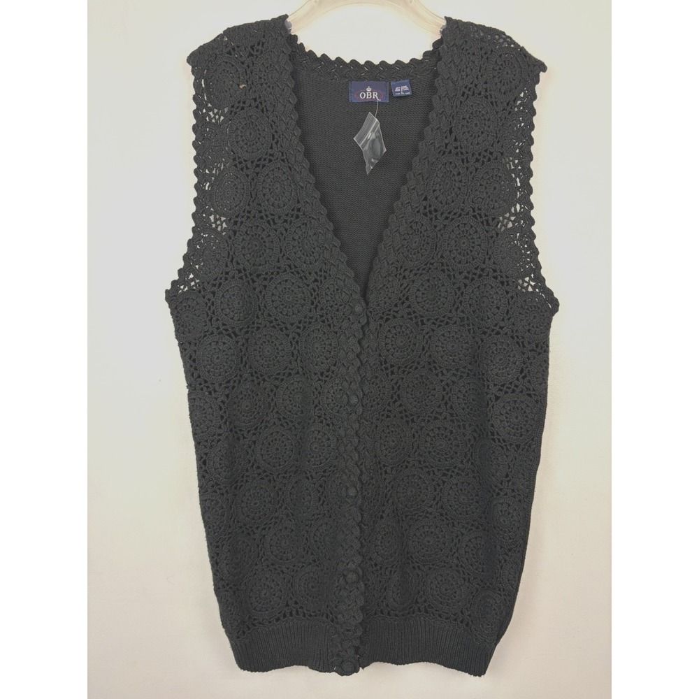OBR Crochet Vest Sweater Womens Large Black Open Knit Festival Hippie Boho